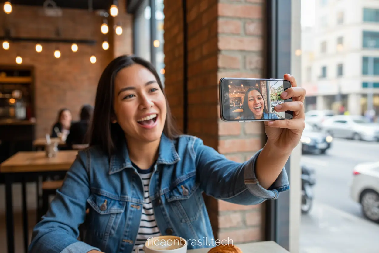 Pessoa sorrindo tirando uma selfie com um Samsung Galaxy A07