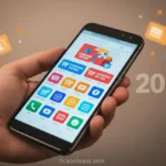 Mão segurando smartphone Motorola com tela brilhante e apps de compras