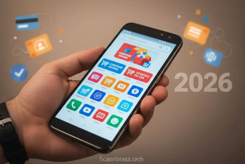 Mão segurando smartphone Motorola com tela brilhante e apps de compras