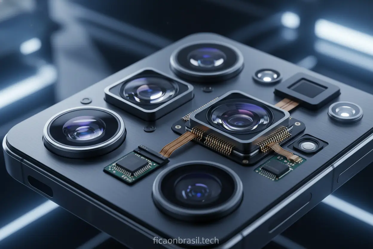 Módulo de câmera do Galaxy S26 Ultra com lentes e sensores.