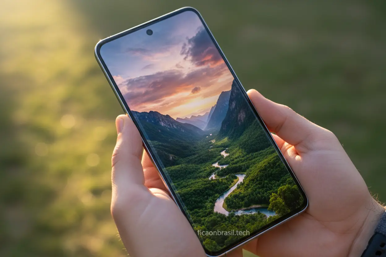 Tela Imersiva do Galaxy S26 Ultra Tela do Galaxy S26 Ultra exibindo uma imagem de paisagem com cores vivas e alta resolução.