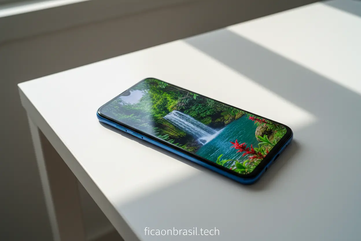 Tela Imersiva Galaxy A07 Smartphone Samsung Galaxy A07 128GB azul com tela ligada.