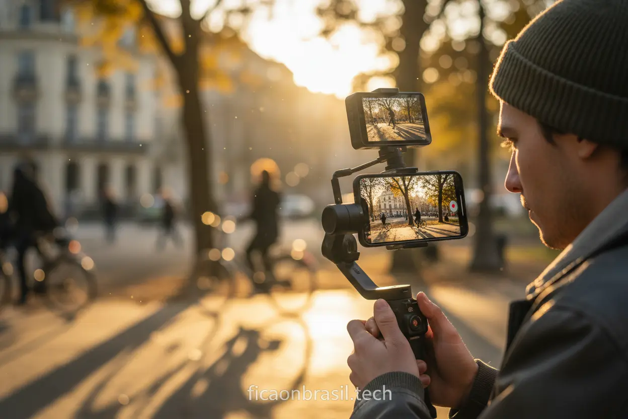 Pessoa gravando vídeo cinematográfico com a câmera do iPhone 17 ao pôr do sol.