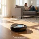 Aspirador robô moderno com Wi-Fi limpando sala de estar