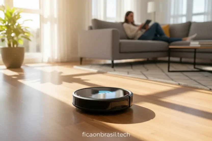 Aspirador robô moderno com Wi-Fi limpando sala de estar