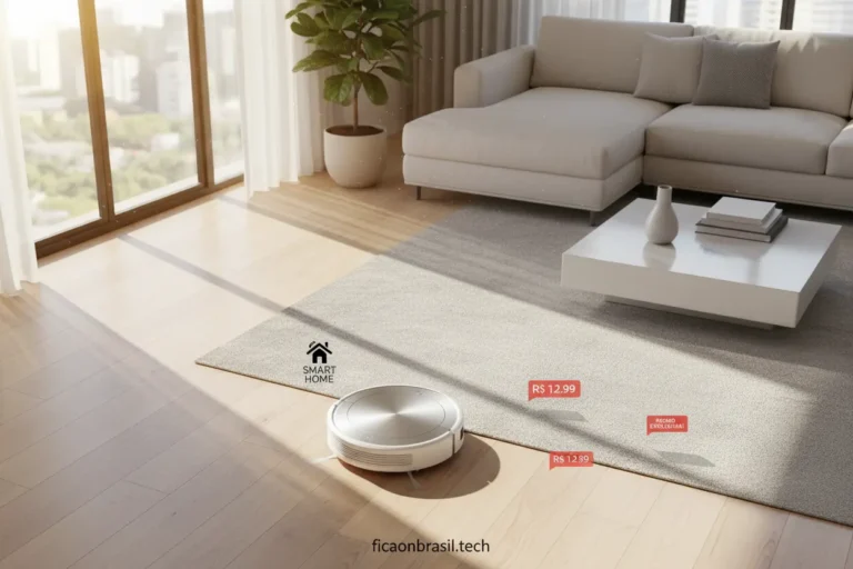 Aspirador robô em promoção limpando sala moderna