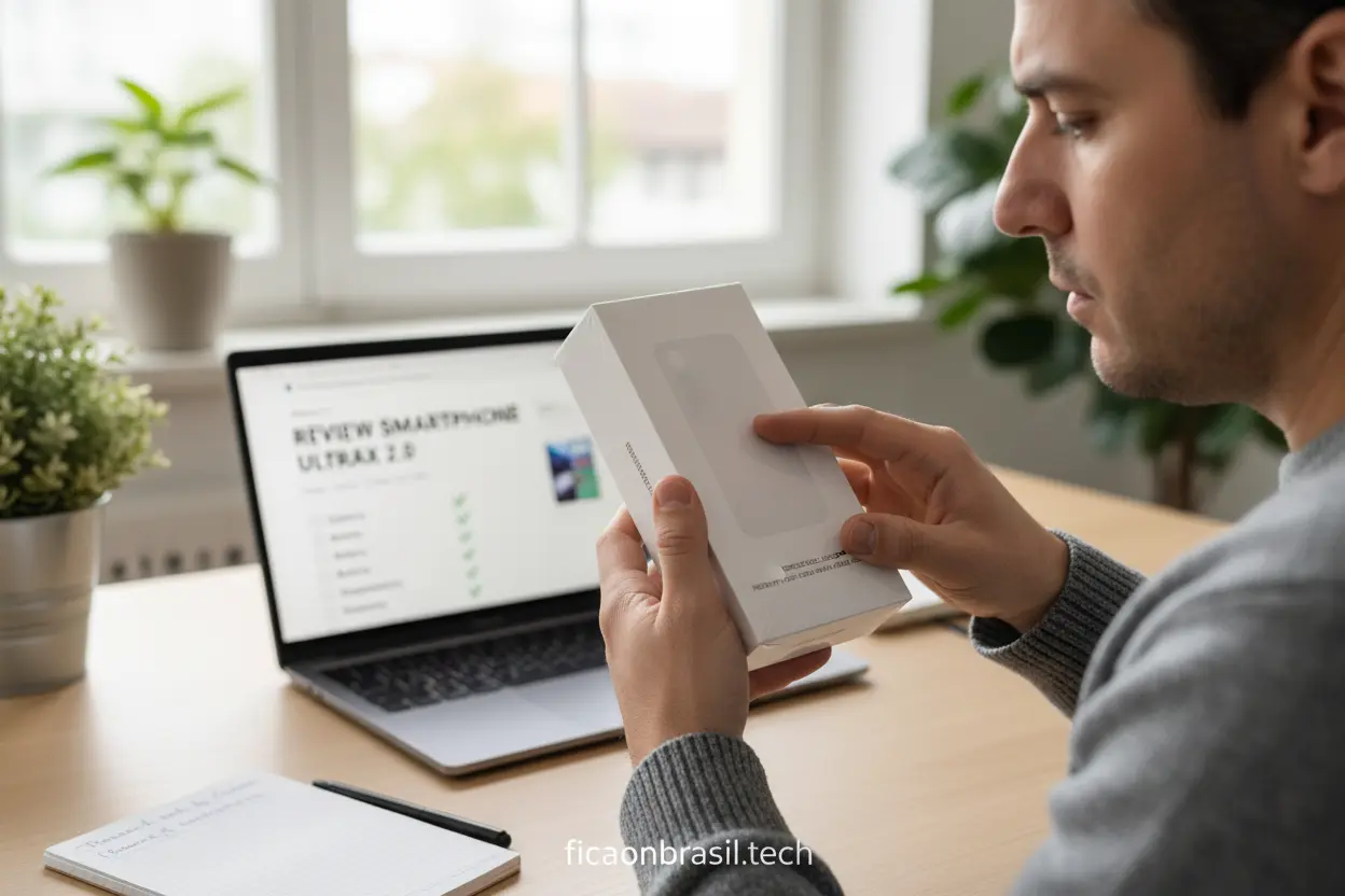 Pessoa analisando especificações de smartphone para avaliar oferta