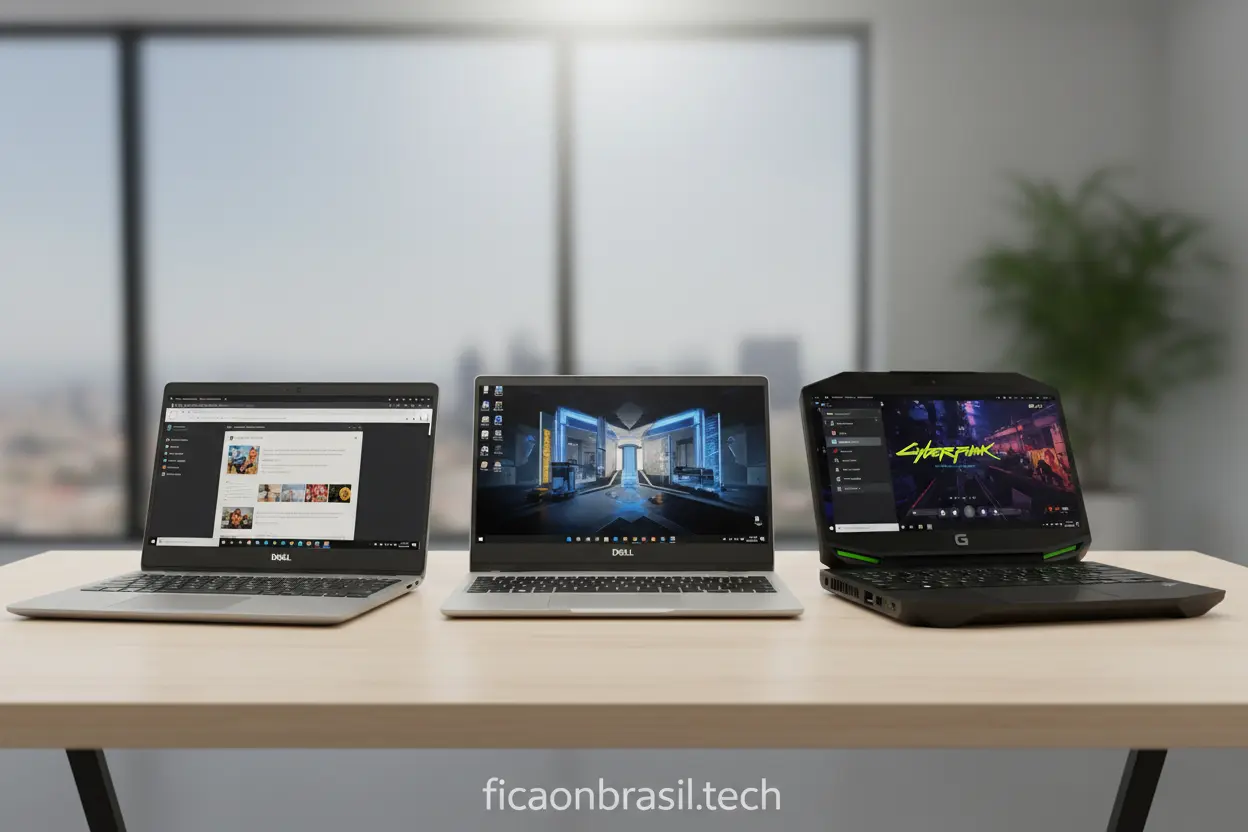 Três notebooks Dell de diferentes linhas (Inspiron, XPS, G Series) lado a lado para comparação.