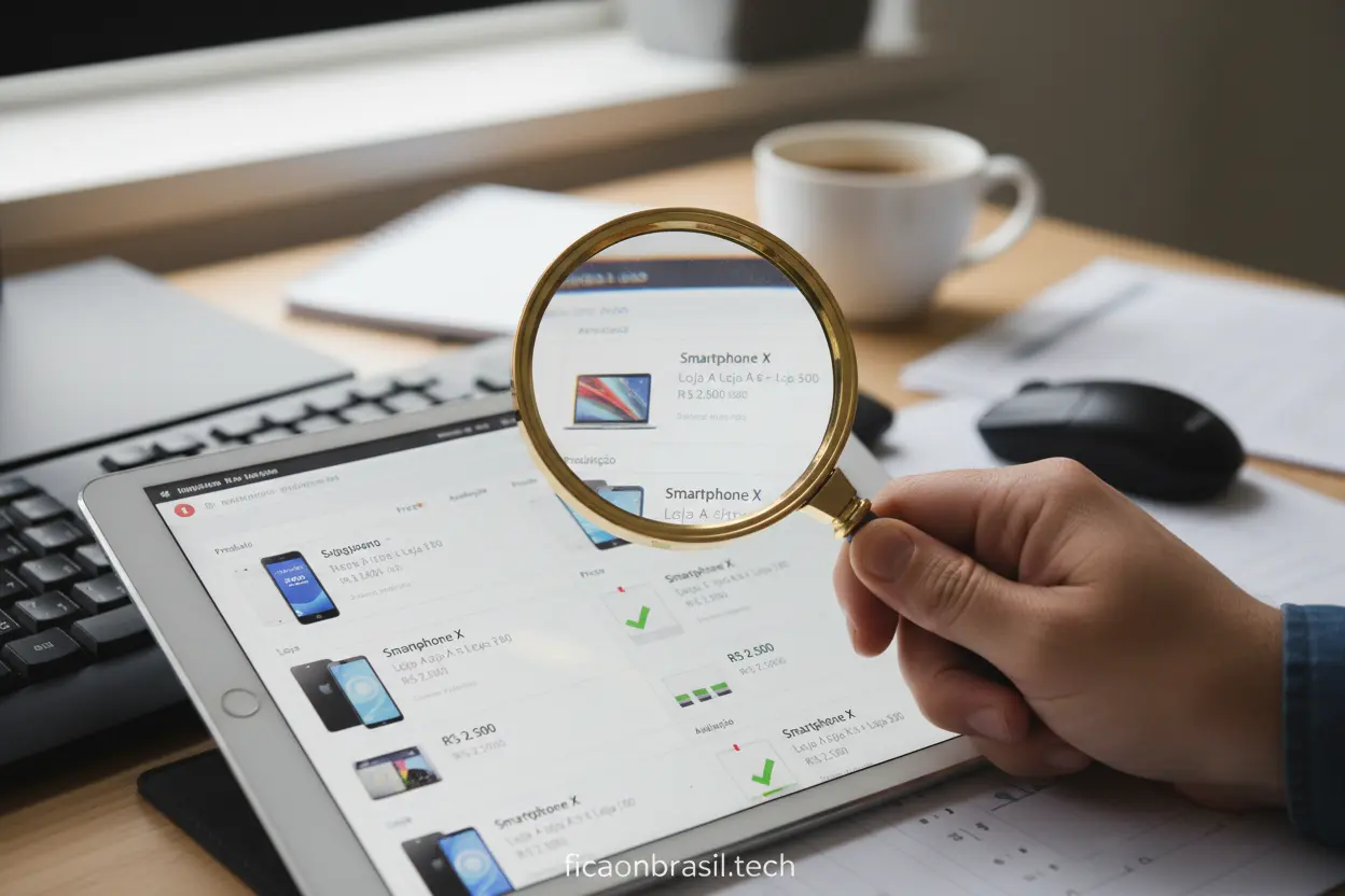 Mão com lupa comparando preços de eletrônicos em um tablet