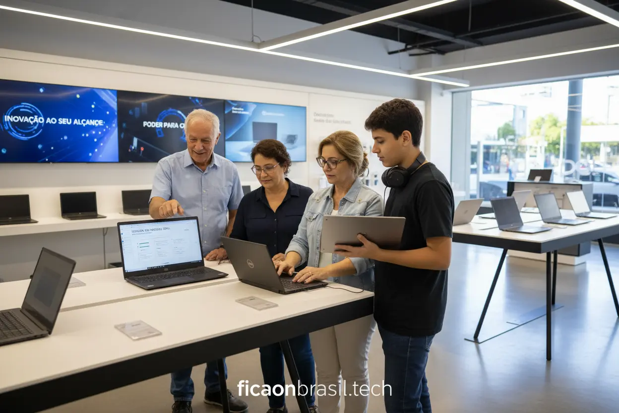 Pessoas escolhendo notebooks Dell em uma loja, comparando modelos e especificações.