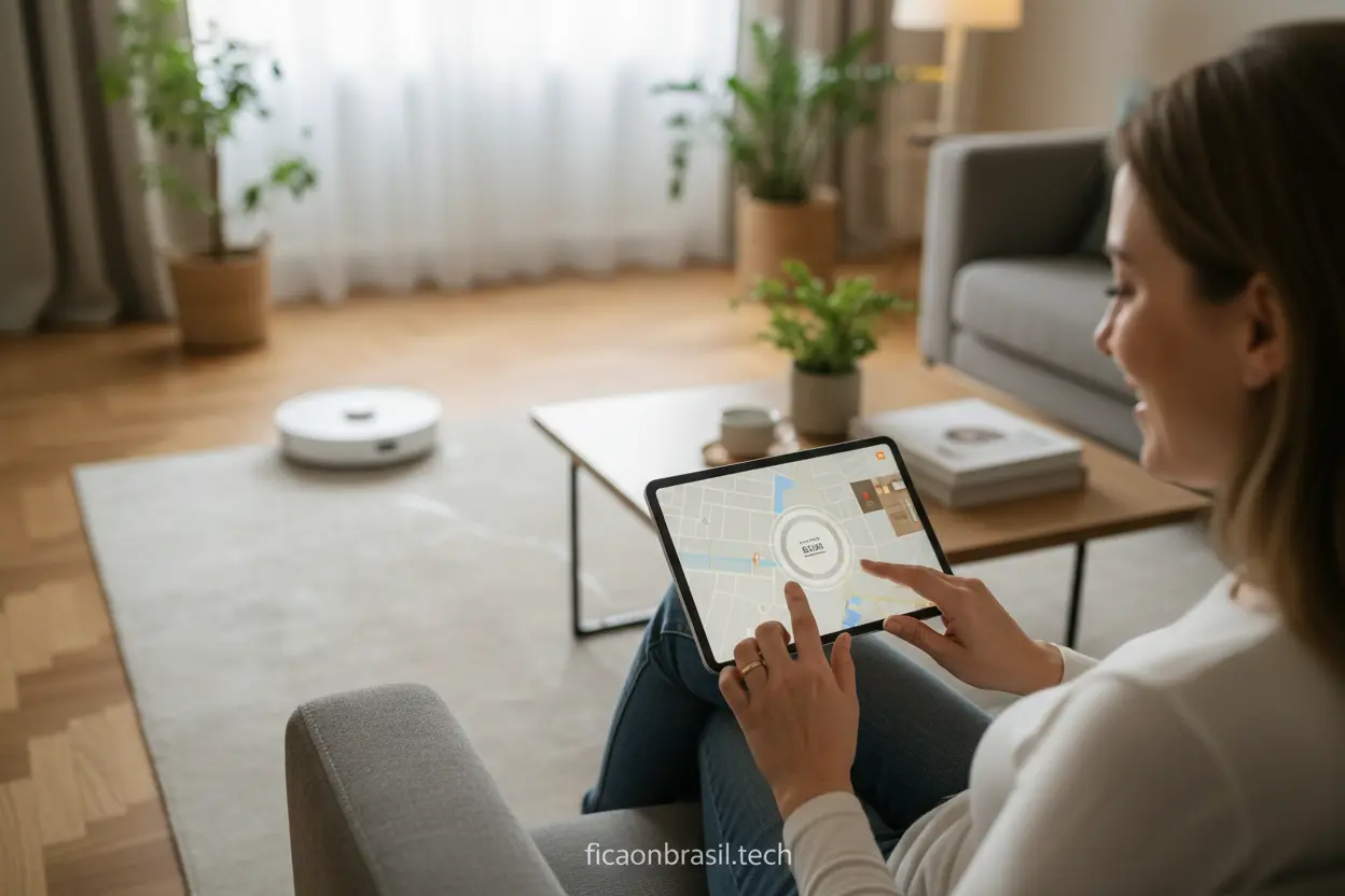 Escolher Robo Aspirador Xiaomi Robô aspirador potente Xiaomi sendo controlado por tablet