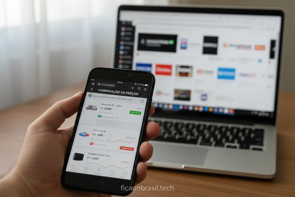 Smartphone com app de comparação de preços e notebook