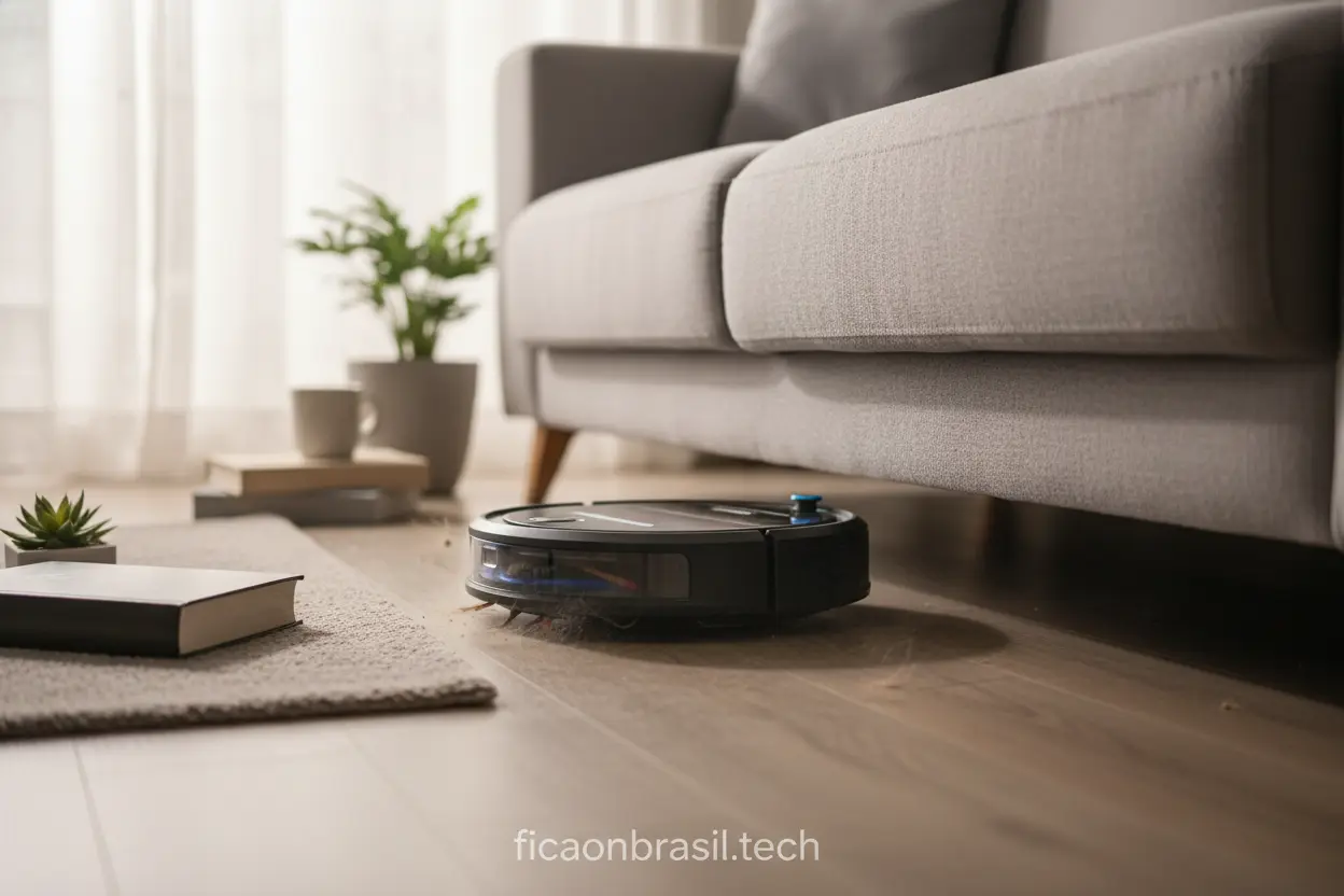 Melhores Aspiradores Robô para Apartamentos Robô aspirador limpando embaixo do sofá em apartamento