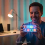 Pessoa feliz encontrando as melhores ofertas para tecnologia em um smartphone