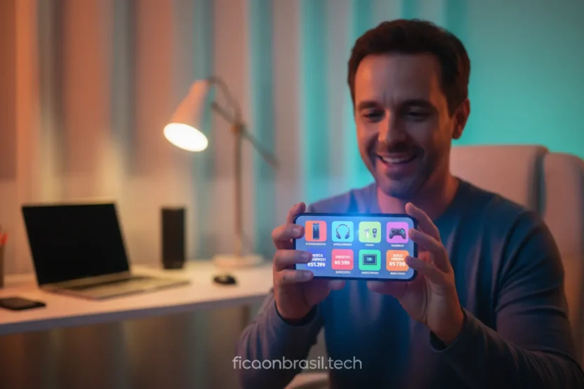 Pessoa feliz encontrando as melhores ofertas para tecnologia em um smartphone