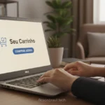 Pessoa pesquisando notebook Dell para comprar agora em um ambiente aconchegante.