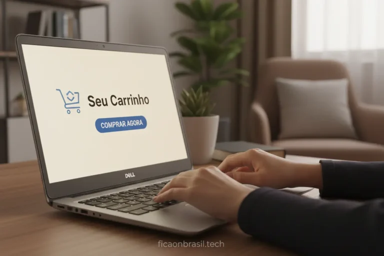 Pessoa pesquisando notebook Dell para comprar agora em um ambiente aconchegante.