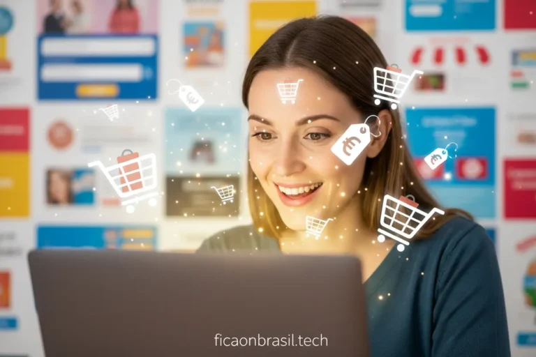 Pessoa sorrindo ao ver ofertas imperdíveis online