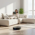Pessoa relaxando com robô aspirador inteligente
