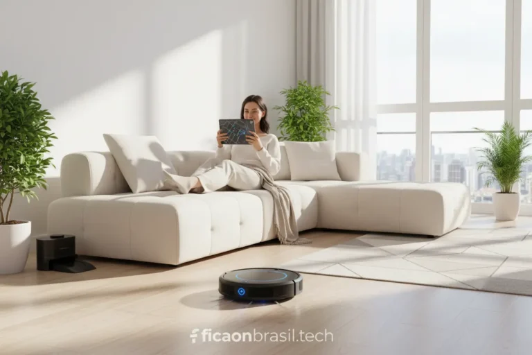 Pessoa relaxando com robô aspirador inteligente