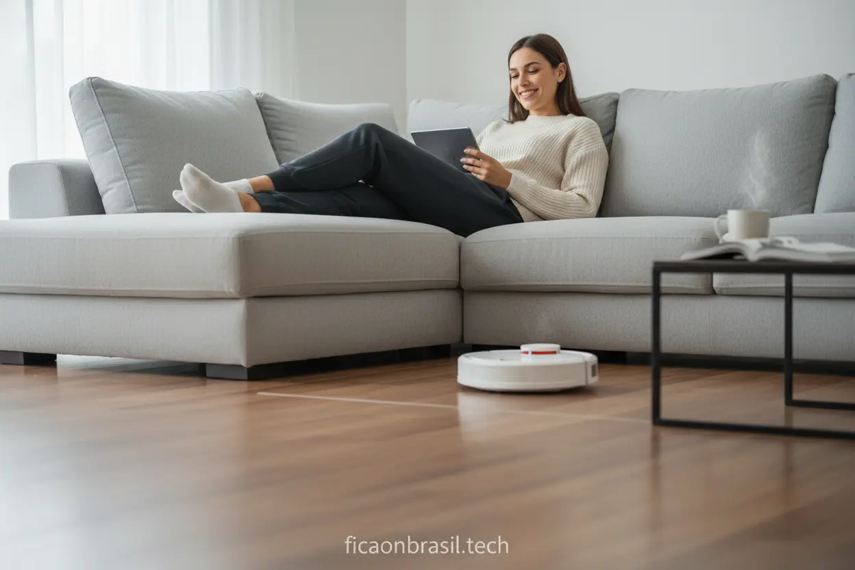 Vantagens do Robô Aspirador Pessoa relaxando enquanto robô aspirador limpa