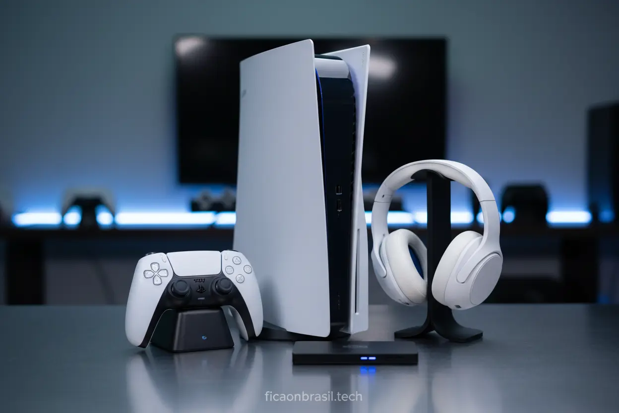 Acessórios Essenciais para PS5 PlayStation 5 e acessórios como controle e headset