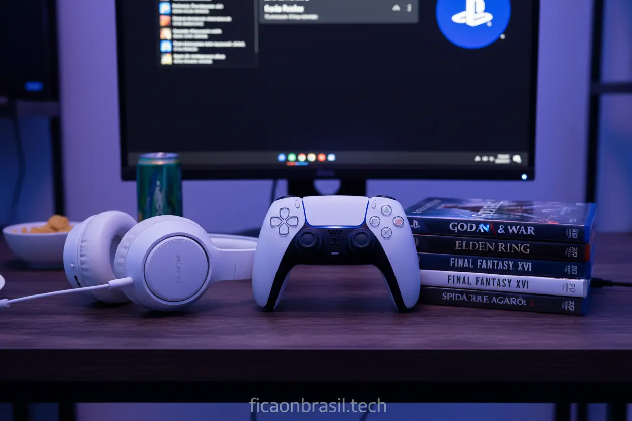 Controle DualSense, headset e jogos para PS5.