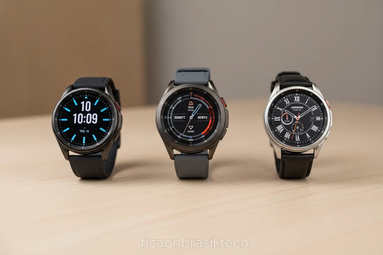Comparativo de modelos Galaxy Watch Três modelos de Samsung Galaxy Watch lado a lado