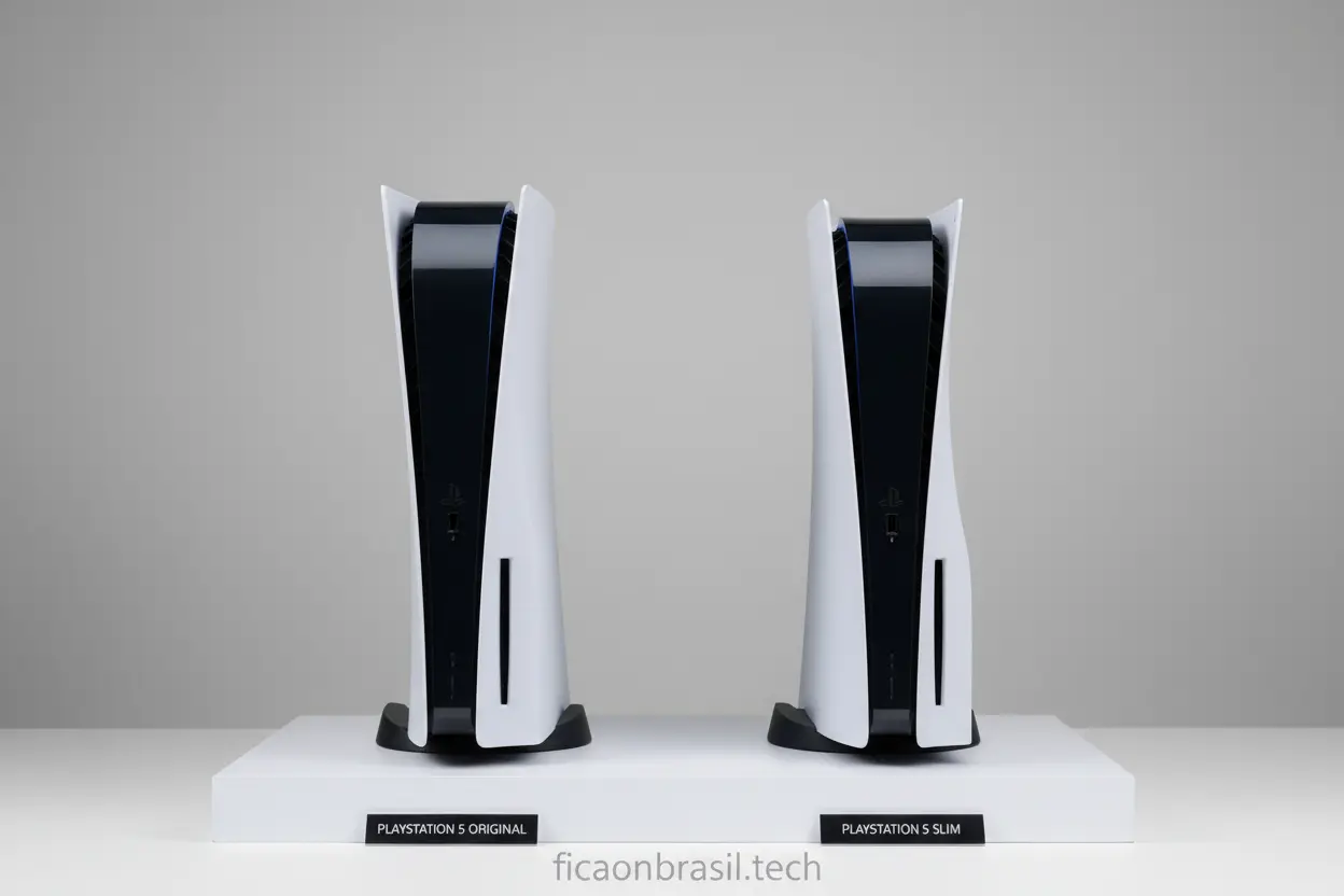 Comparativo PS5 Slim e Fat Videogame PS5 original e PS5 Slim lado a lado para comparação de tamanho