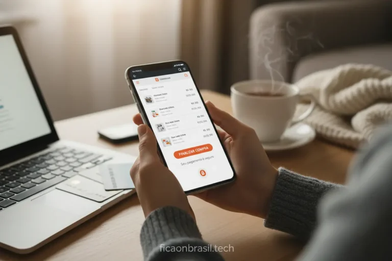 Mãos segurando celular com carrinho de compras e cadeado, simbolizando dicas para comprar online seguro.