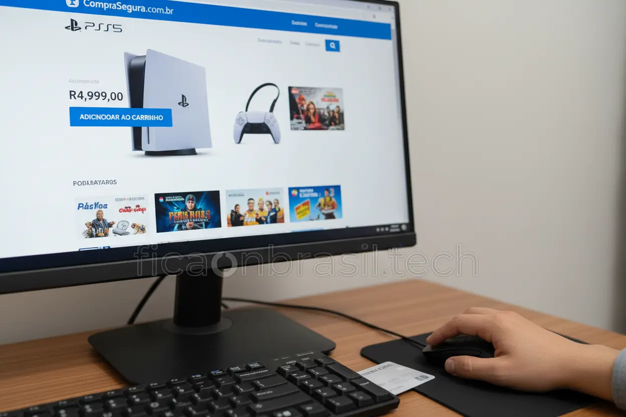 Comprar PS5 Online Seguro Tela de computador mostrando site de loja online com PlayStation 5 e cartão de crédito