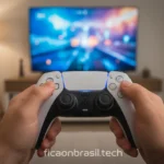 Mãos segurando um controle DualSense do PlayStation 5 com jogo na TV ao fundo