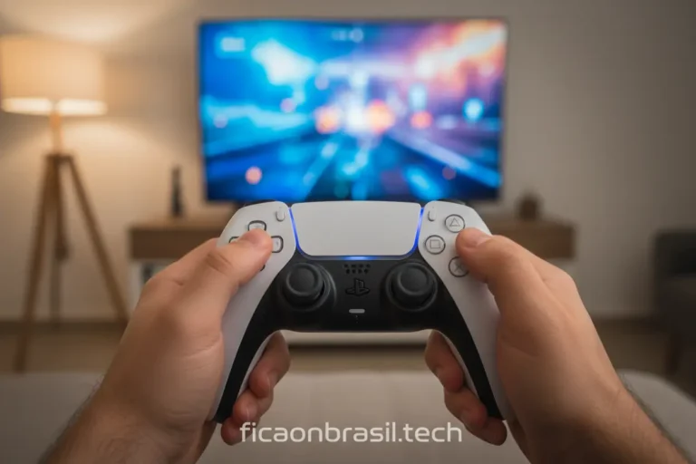 Mãos segurando um controle DualSense do PlayStation 5 com jogo na TV ao fundo