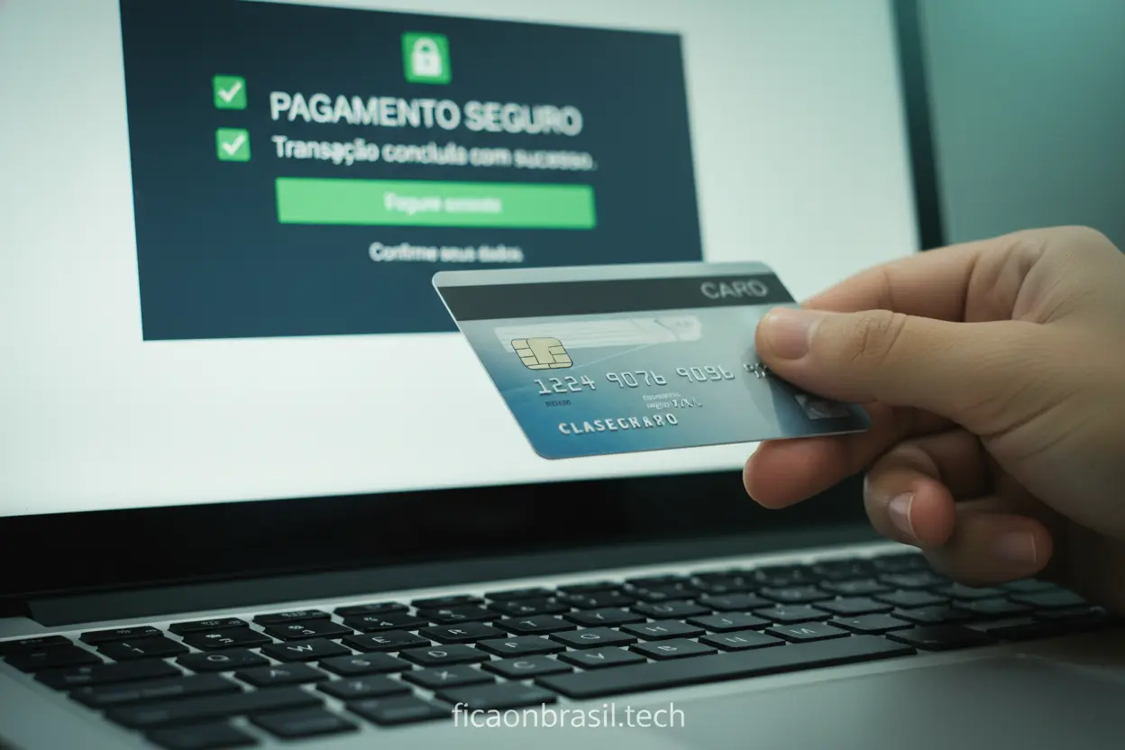 Pagamento Seguro na Internet Mão com cartão de crédito em frente a tela de pagamento seguro.