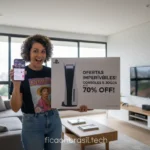 Pessoa animada com caixa de PS5 e celular mostrando promoções