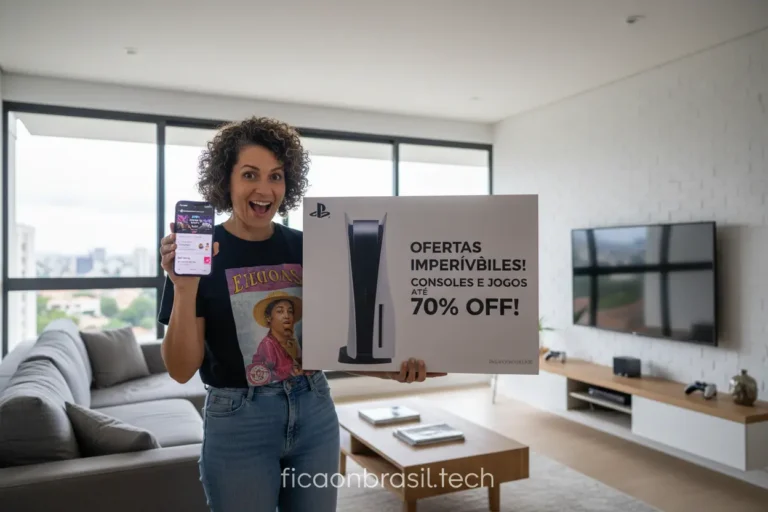 Pessoa animada com caixa de PS5 e celular mostrando promoções
