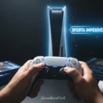 MÃ£os segurando controle DualSense com PlayStation 5 oferta ao fundo