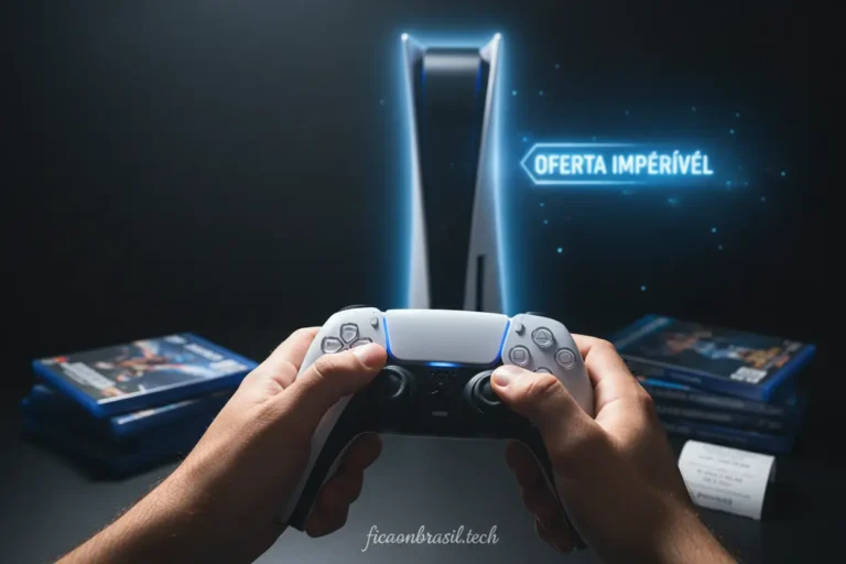 Mãos segurando controle DualSense com PlayStation 5 oferta ao fundo