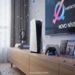PS5 console em destaque, pronto para jogar.