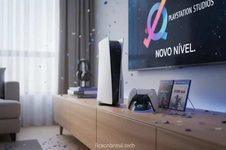 PS5 console em destaque, pronto para jogar.
