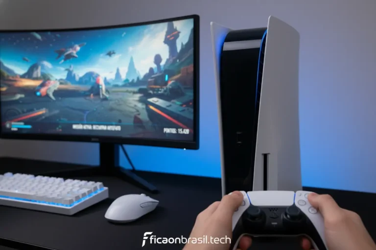 Console PS5 Digital Edition em um setup gamer moderno