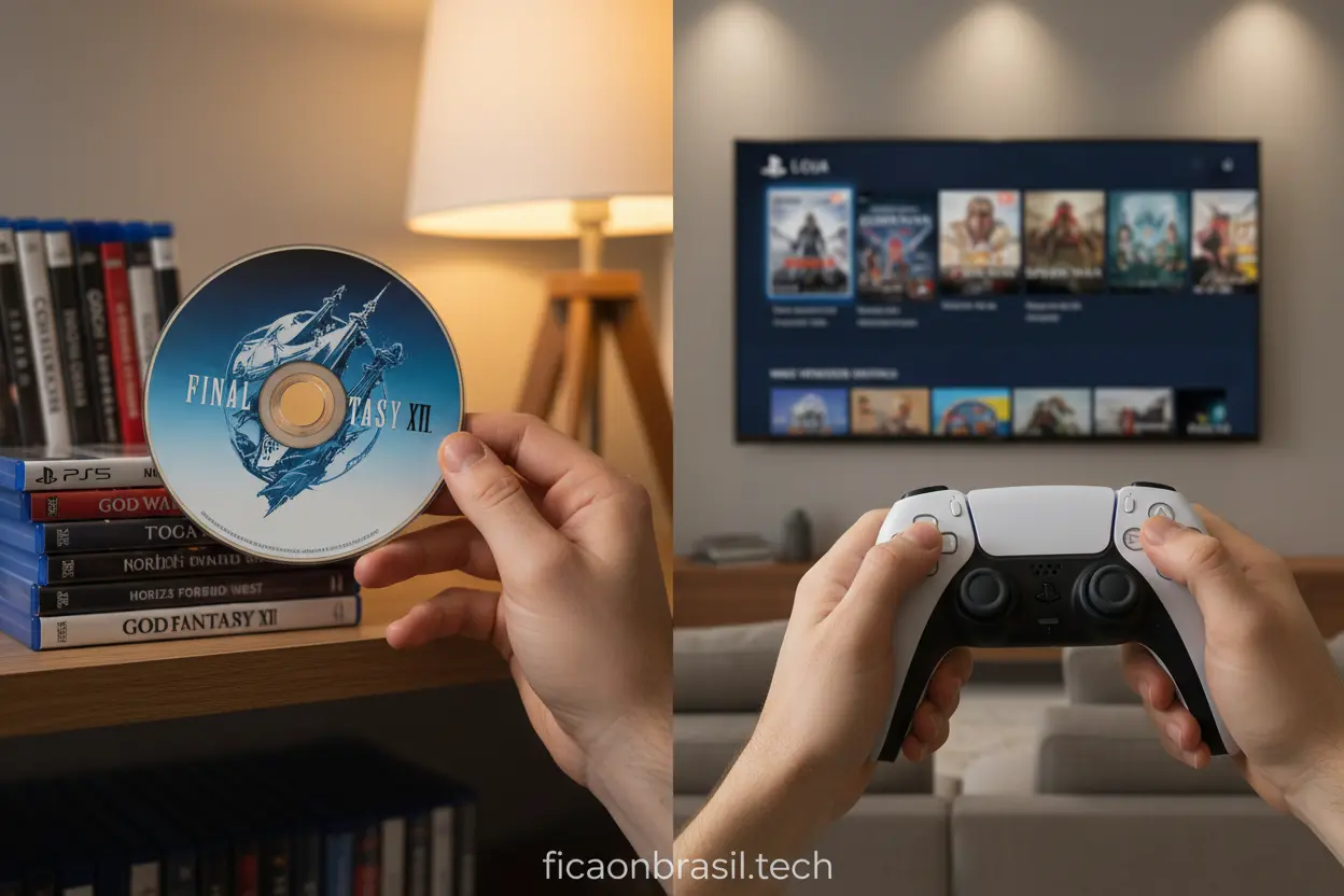PS5 Digital: Prós e Contras Mãos comparando jogos físicos e digitais do PlayStation 5