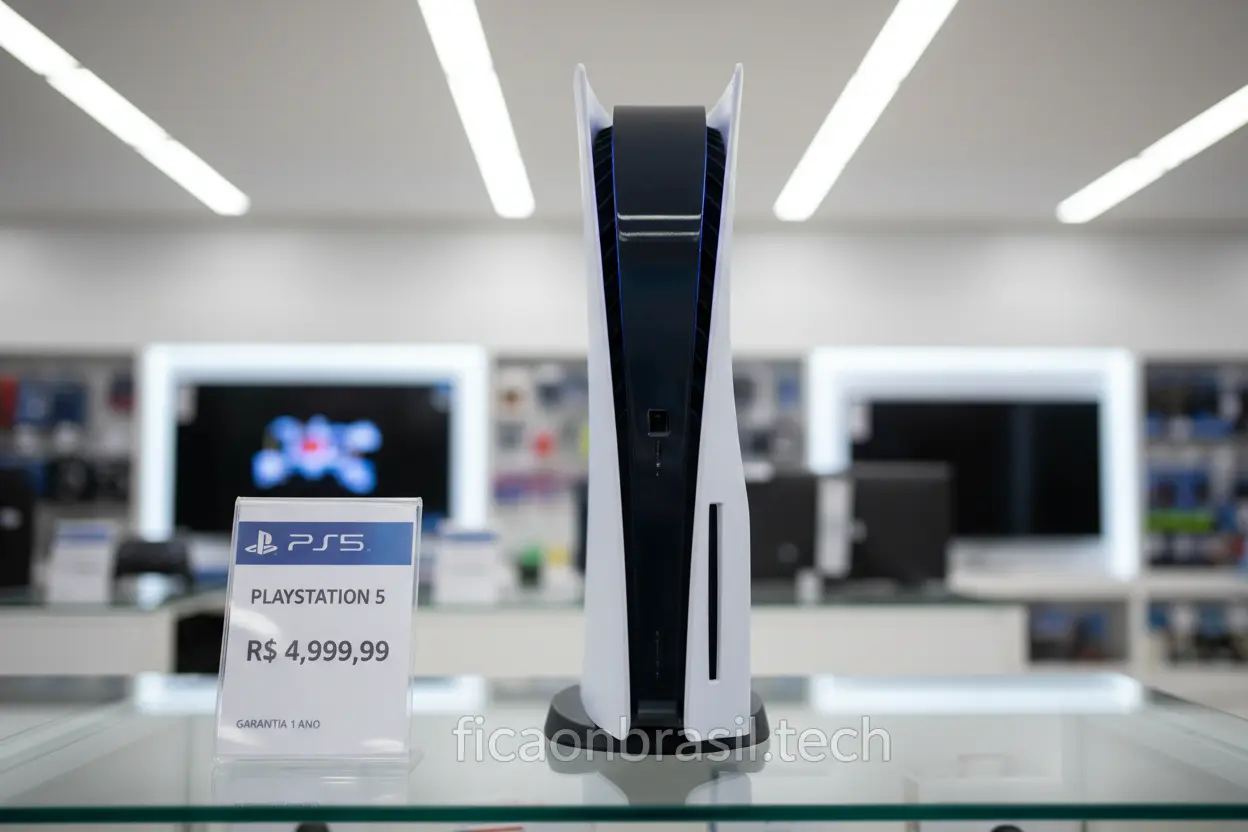 PS5 em exibição na loja com preços