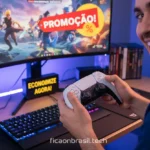 Homem feliz segurando controle de PS5 com fundo de promoção