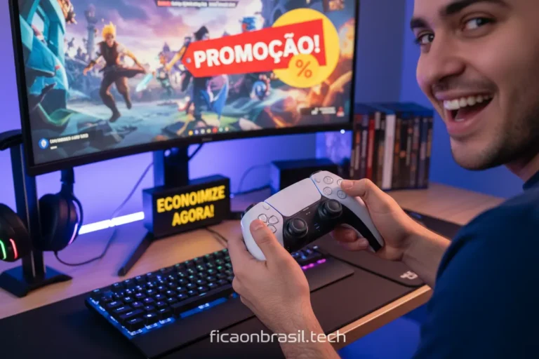 Homem feliz segurando controle de PS5 com fundo de promoção