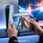 Mãos segurando um jogo de PS5 mídia física