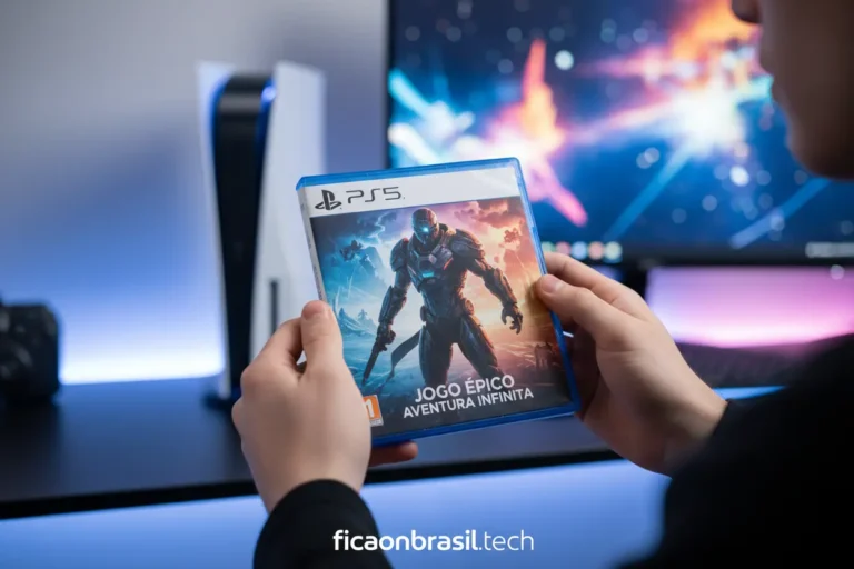 Mãos segurando um jogo de PS5 mídia física
