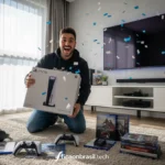 Pessoa feliz unboxando um PlayStation 5
