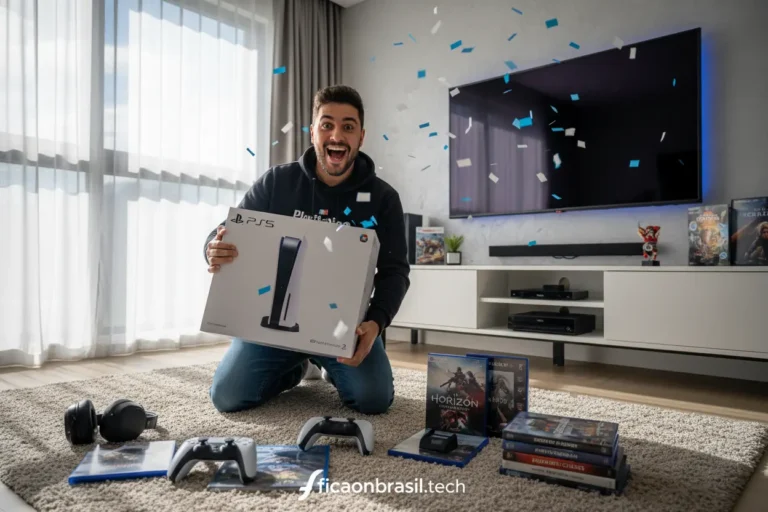 Pessoa feliz unboxando um PlayStation 5