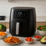 Air fryer digital em uma cozinha moderna com alimentos saudáveis.